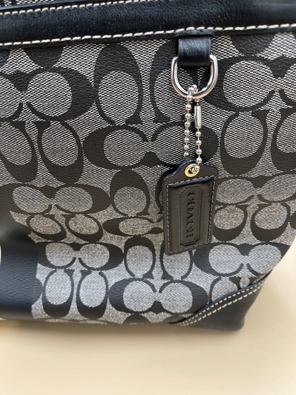 Coach Signature Stripe Tote Black and Light Gray Denim Canvas Look Work or Baby - Picture 3 of 11